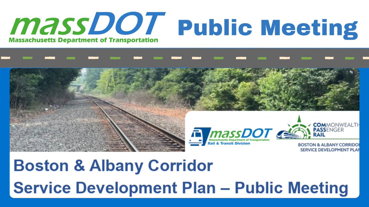 MassDOT's tweet photo. Tonight 10/6, at 6:00pm, #MassDOT is holding a virtual public info meeting on the Boston and Albany Corridor Service Development Plan. The Service Development Plan will study how passenger rail service on the Boston &amp; Albany Corridor would operate.

ℹ https://t.co/a3BW2a3ZTA https://t.co/lYfxIoyhJ0