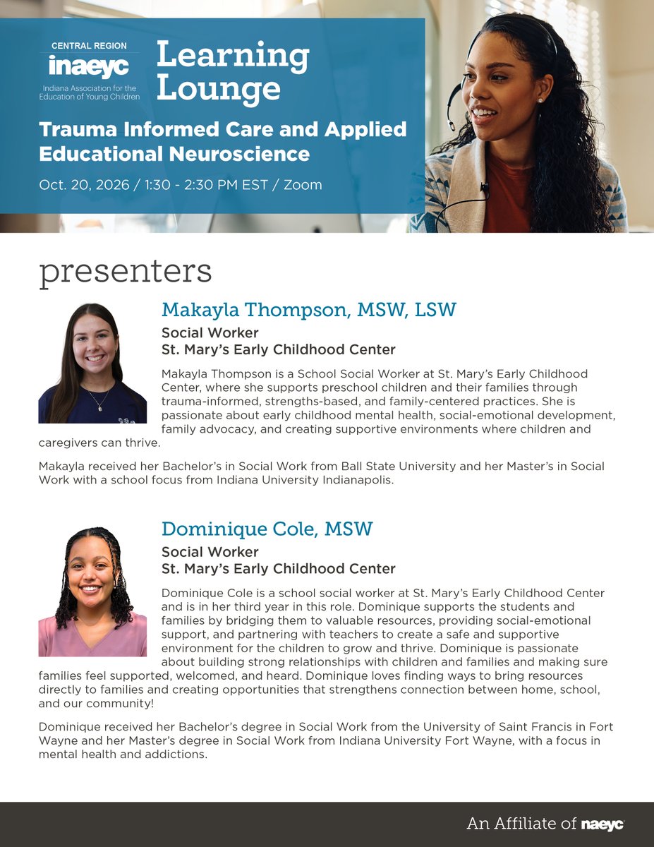 IndianaAEYC's tweet photo. Challenging behavior is communication
Join INAEYC Central Region's Learning Lounge on Trauma-Informed Care & Applied Educational Neuroscience with Dominique Cole & Makayla Thompson.
10/20 | 1:30 – 2:30 PM | Zoom: https://t.co/YYoqA9Zaw3
#ECE #TraumaInformedCare #INAEYC https://t.co/Lzq9HLHXTN