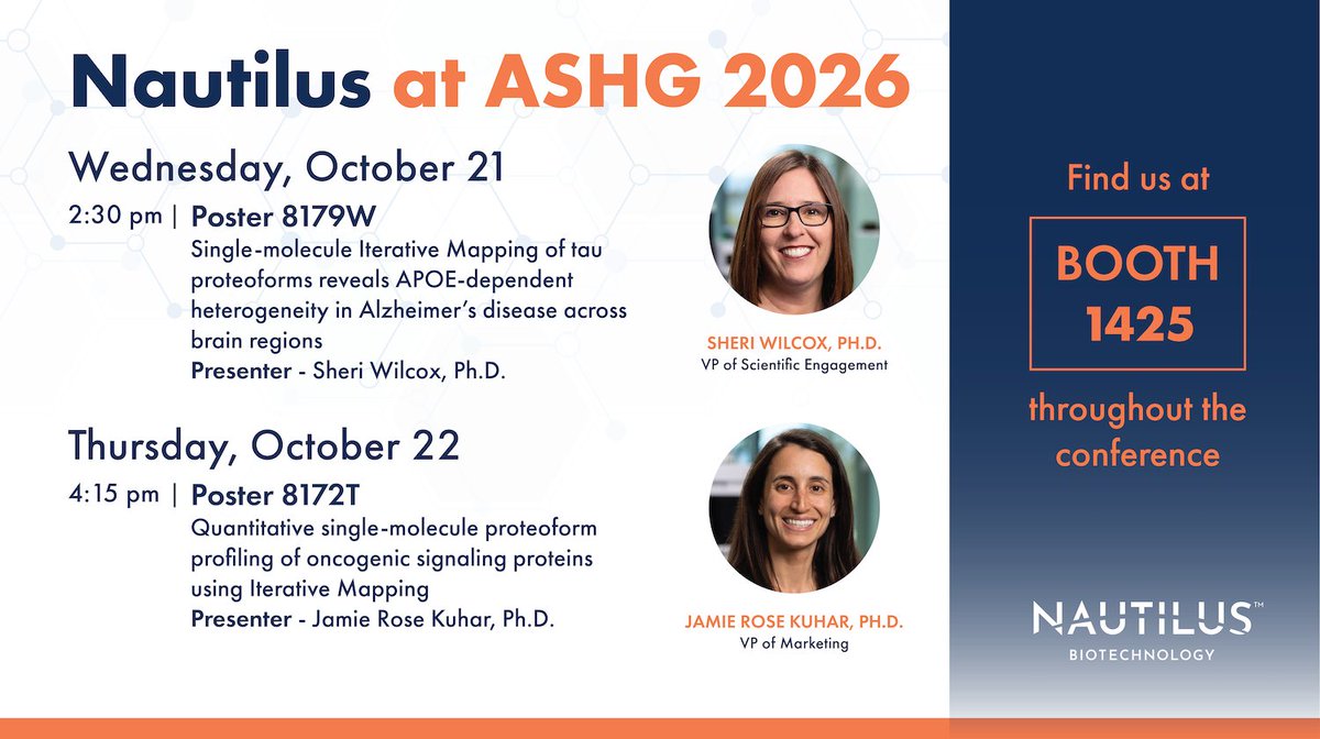 NautilusBio's tweet photo. Following a very successful HUPO World Congress, we're getting ready for #ASHG2026 in Montréal. At the event, we're excited to share how researchers can use the Nautilus Voyager™ Platform to deepen their understanding of the connections between the genome, proteome, and function. Specifically, we'll:

🔵 Present a poster covering how the Voyager Platform is revealing the tau proteoform landscape underlying Alzheimer's disease (Poster 8179W at 2:30 pm on Wednesday, October 21).

🔵 Present a poster covering the latest data on the development and uses of the AKT1 and EGFR Proteoforms Assays (Poster 8172T at 4:15 pm on Thursday, October 22).

🔵 Invite attendees to apply for Iterative Mapping Grants and be among the first to use the AKT1 or EGFR Proteoforms Assays in their work.

🔵 Invite attendees to explore an interactive model of the Nautilus Voyager Platform at Booth 1425.

If you'd like to incorporate the Voyager Platform into your workflows, set up a meeting with us here:

https://t.co/1VYVCVjboM