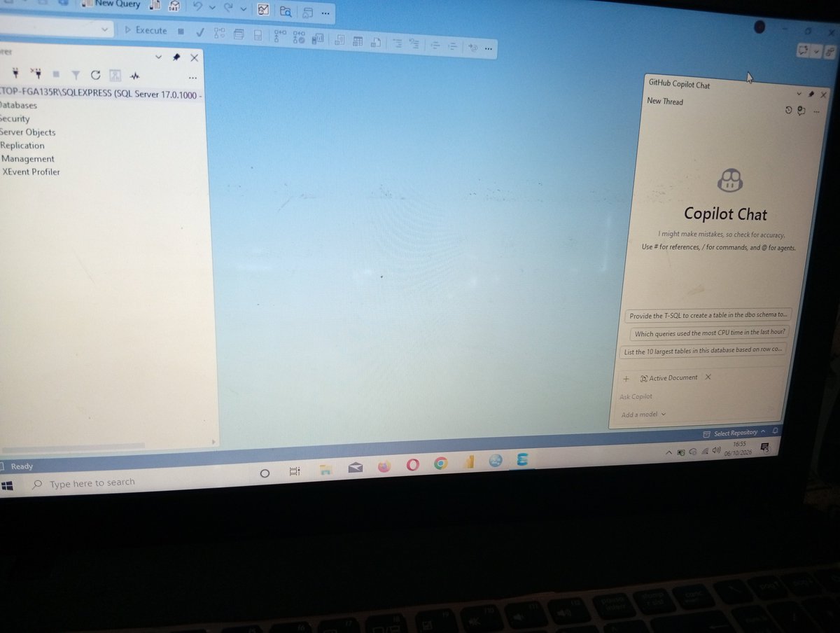 ud_shalom's tweet photo. Day 6/30 💻
Busy day, so I didn’t get much studying done. 😭
But I updated my SQL Server and discovered new features like Copilot, Vector, Regex & AI. 🤖
Haven’t updated yours? This is your sign! Keep upgrading your skills. 📊✨
#30DaysOfSQL #SQL https://t.co/Hi6caYvE8Y