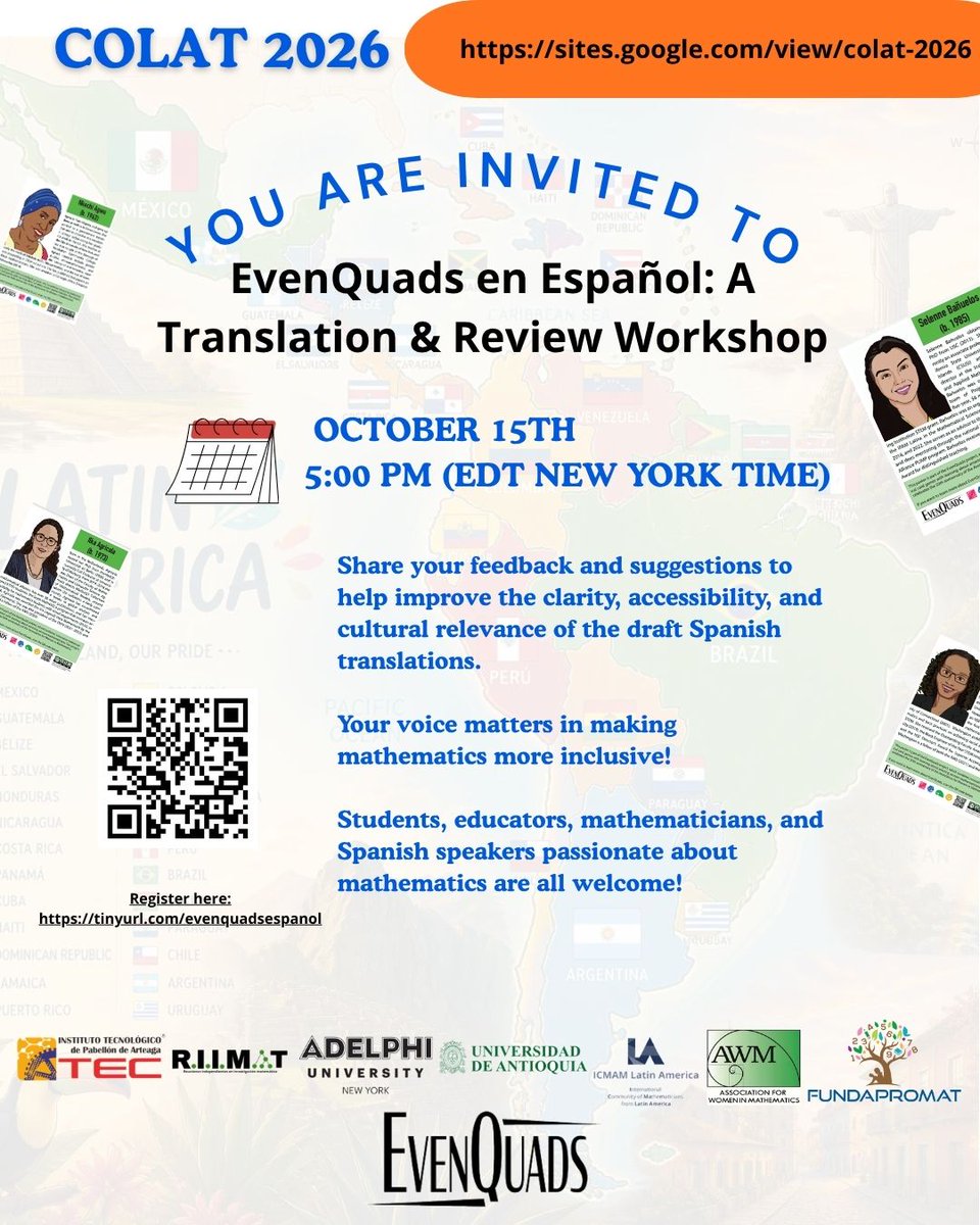AWMmath's tweet photo. Help us bring EvenQuads to Spanish-speaking communities!

EvenQuads en Español: A Translation &amp; Review Workshop Oct 15, 2026, 5:00 PM EDT

We're looking help to review/refine Spanish translation drafts of the EvenQuads resources.

https://t.co/dK5XiSrsq3

#WomenInMath #STEM https://t.co/0Y9C3kqyR9