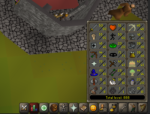 A screenshot from Old School RuneScape shows a character's inventory and stats interface, with skills summoning to a total level of 888 and visible equipment in the background.