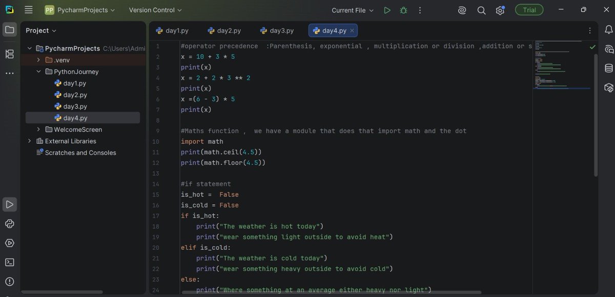 trukfittfly's tweet photo. Day 4 of learning Python Programming
here is what i learnt: Operator precedence, Math function import module, If statement.
#python #webedvelopment #100DaysOfCode #learningPython https://t.co/j04kT2WMOI