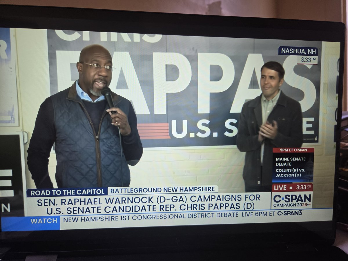acobasi's tweet photo. U.S. Rep. Chris Pappas (D-NH) &amp; U.S. Sen. Raphael Warnock (D-GA) are currently on @cspan. Pappas is seeking to succeed Jeanne Shaheen (D) as U.S. Senator. He's running against her precedessor John E. Sununu (R), of the Sununu political dynasty. https://t.co/lqMWlcF2Rd