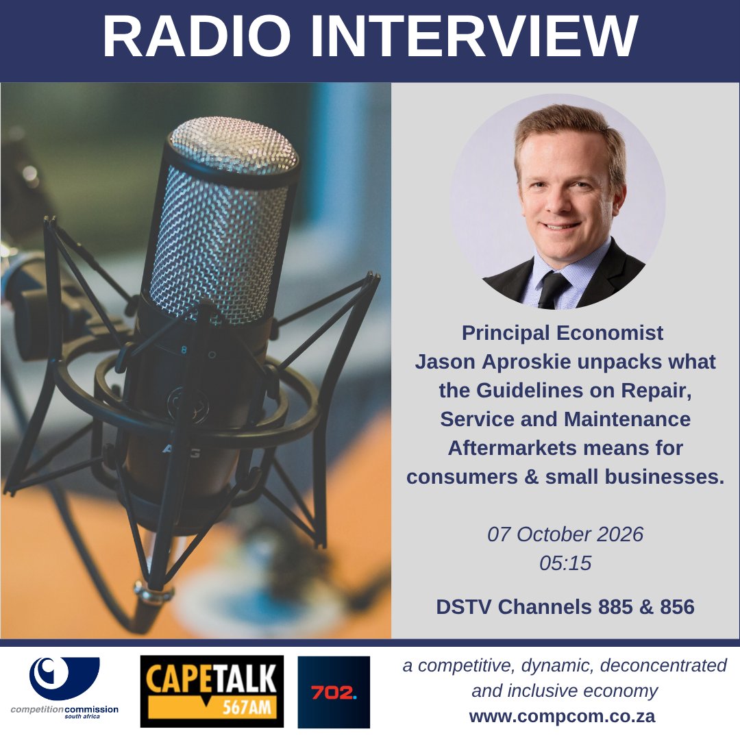 CompComSA's tweet photo. Principal Economist Jason Aproskie is ready to share why the Commission's recently published Guidelines on the Repair, Service and Maintenance Aftermarkets promotes greater choice, fairer competition &amp; more affordable repairs. Tune in to @Radio702 &amp; @CapeTalk to hear about it 📻 https://t.co/b9euSy9T1P