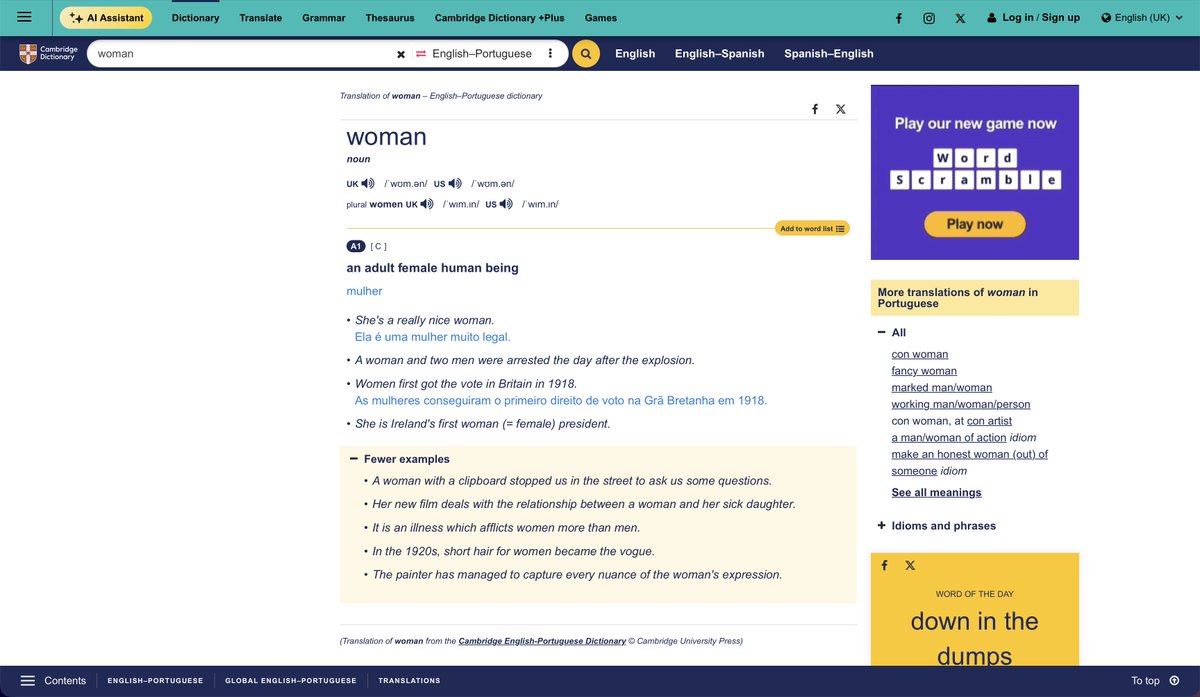 willisesquivel's tweet photo. incorreto. a opção seguinte é "a grown female", o que também adiciona ao meu ponto. Após isso, acabam as definições. Eu aconselho procurar por as coisas que você diz, invés de apenas perguntar a uma IA.
Segundamente, eu nunca disse que dicionários definem fatos; foram 2 frases diferentes.
Terceiramente, como você diz, "transgender woman" é um exemplo, um exemplo no qual adiciona uma OUTRA PALAVRA para a palavra original sendo discutida—mulher/woman—o que, na verdade, é exatamente o meu ponto: é necessario uma outra palavra adicional para mostrar o quão as duas são diferentes.