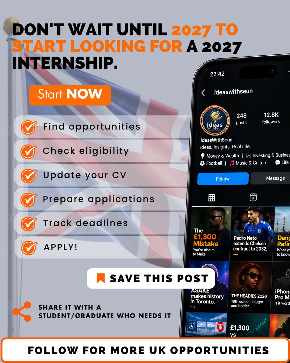 IdeasWithSeun's tweet photo. 📌 SAVE this post for later
 🔄 SHARE with someone looking for a 2027 internship
 FOLLOW for more UK opportunities
#UKInternships #Internships2027 #IdeasWithSeun https://t.co/CoZyIetwta