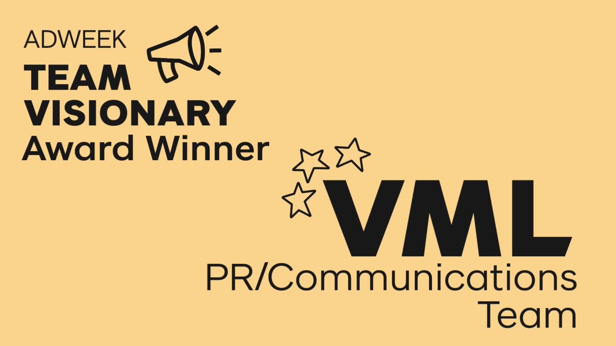 An Adweek announcement graphic declaring VML as the 'TEAM VISIONARY Award Winner' for their PR/Communications Team, featuring decorative stars on a yellow background.