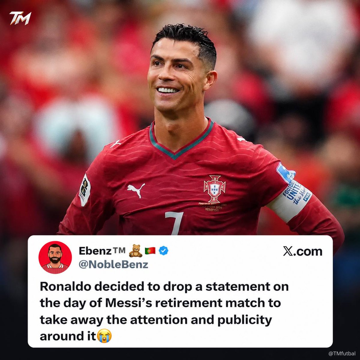 TMfutbal's tweet photo. 🚨 BREAKING: Messi fans are going crazy trying to find a way to humiliate our GOAT, just because they’re afraid Ronaldo will steal all the attention on Messi’s final international match. 🐐 https://t.co/guVUSGKG9t