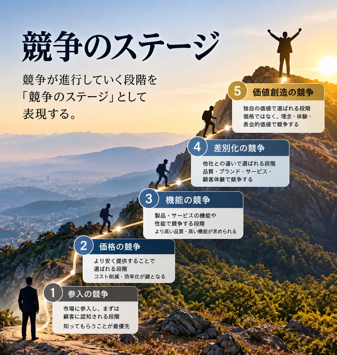 hinatanocoach's tweet photo. 競争とは、山を登るようなもの。

同じ場所に立ち止まっているつもりでも、
周りが登り続けていれば、
気づかないうちに取り残されます。

ビジネスにも、
「競争のステージ」があります。

最初は、
知ってもらう競争。

次は、
価格の競争。

その次は、
品質や機能の競争。

そして、
最後にたどり着くのが、
「価値」で選ばれる競争です。

価格ではなく、
「この会社だからお願いしたい。」

商品ではなく、
「この人だから任せたい。」

ブランドとは、
価格競争から抜け出した先に生まれるもの。

経営者のみなさまと対話する中で感じるのは、
成長し続ける企業ほど、
競合を見ている時間よりも、
お客様に届ける価値を磨く、
その時間を大切にしていると感じます。

競争相手は、
他社だけではありません。

昨日の自社です。

昨日よりも、
お客様に喜ばれる価値を届けられているか。

昨日よりも、
社員が誇れる会社になっているか。

その積み重ねが、
価格ではなく、
価値で選ばれる企業をつくります。
あなたの会社は、今どのステージで競争していますか。