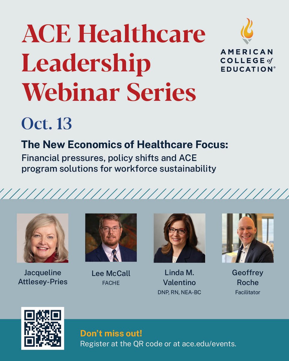 ACEedu's tweet photo. Don’t miss this important conversation on the future of healthcare economics. 
American College of Education’s (ACE) Healthcare Leadership Webinar Series concludes soon with The New Economics of Healthcare: Financial Pressures, Care Delivery Shifts and Policy Impacts. 

Join national healthcare thought leaders Geoffrey Roche and healthcare executives Jacqueline Attlesey-Pries, Lee McCall, FACHE, and Linda M. Valentino, DNP, RN, NEA-BC as they examine the financial pressures, changing care delivery models and policy impacts reshaping healthcare organizations — and what these changes mean for workforce sustainability. 

📅 Tuesday, Oct. 13 | Noon ET 
🔗 Register today: https://t.co/AOcaAOtFDm 

#HealthcareLeadership #HealthcareWorkforce #HealthcareEducation #NursingLeadership