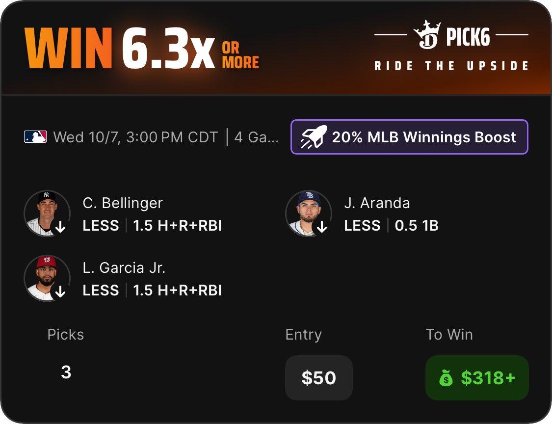 JoshBotBets's tweet photo. Pick6 MLB Boost 🚀 

Check out my DraftKings Pick6 Entry! https://t.co/AJZyO5drWc https://t.co/fAWpT4JI5w
