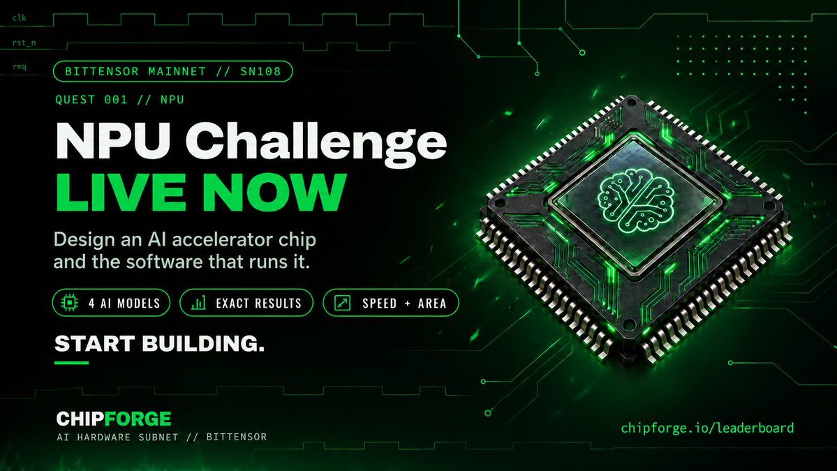 ChipForge's tweet photo. 🚀 The ChipForge NPU Challenge is LIVE on SN108.

Quest 001: Design an AI accelerator chip and the software that runs it.

Your design will run four real AI models covering voice, vision and sensor tasks. Every answer must match the reference exactly. Then, it’s scored on chip area and speed.

The challenge package includes the rules and evaluator, so you can test your design before submitting. Miners compete, validators verify, and the best designs earn rewards.

This is our first step from open competition to real hardware.

Get started:
https://t.co/PJvO2lLR0l
Follow submissions, scores and the current winner:
https://t.co/x9dp0WiIxZ

The challenge is open. Start building.