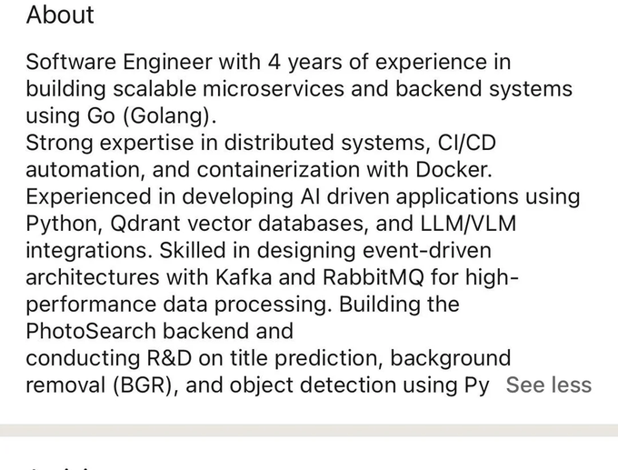 An 'About' section describing a Software Engineer with 4 years of experience in Go/Golang microservices, distributed systems, CI/CD, Docker, Python, Qdrant vector databases, LLM/VLM integrations, Kafka, and RabbitMQ.