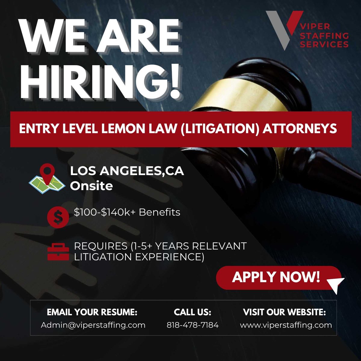 ViperStaffing's tweet photo. Hiring: Entry-Level Lemon Law Attorneys
Los Angeles, CA | Onsite
$100K–$140K+ | Benefits
1–5+ years of relevant litigation experience required.
Apply today: admin@viperstaffing.com
818-478-7184 | https://t.co/VbIIps2nff
#Hiring #LemonLaw #LegalJobs #LosAngelesJobs https://t.co/xR5zNH6RBA