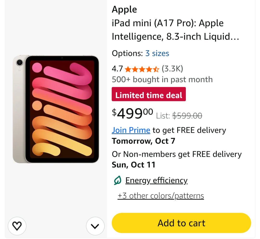 SPECDeals's tweet photo. Apple iPad Mini A17 Pro is $100 off

https://t.co/dB7k8Nww0G https://t.co/H76q5cO907