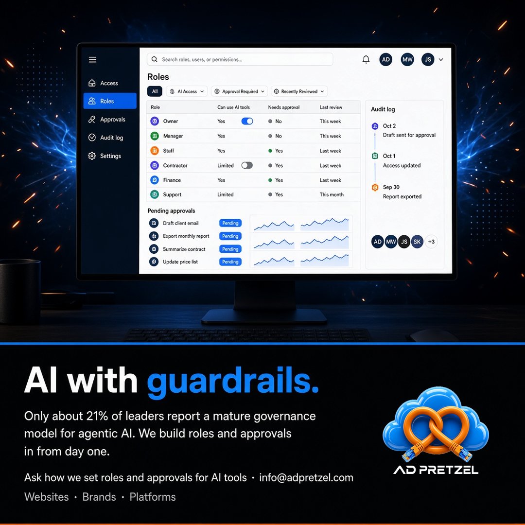 AdPretzel's tweet photo. Only about 21% of leaders report a mature governance model for agentic AI (Deloitte). We build roles, approvals and audit logs into custom platforms from day one. Ask us how: info@adpretzel.com #AIGovernance https://t.co/wm58ngWOco