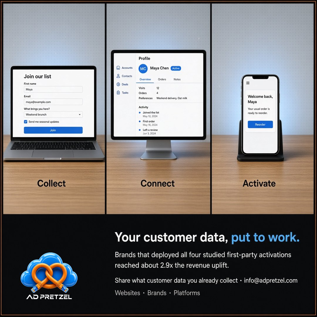 AdPretzel's tweet photo. Brands that deployed all four studied first-party activations reached about 2.9x the revenue uplift. Collect, connect, activate. Share what customer data you already collect: info@adpretzel.com #FirstPartyData https://t.co/PGl5LbvmYk