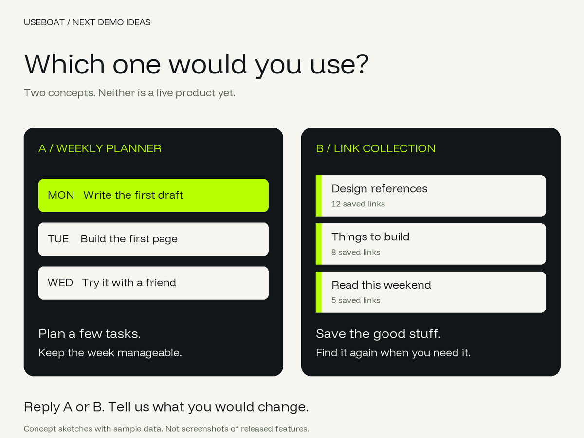 UseBoatApp's tweet photo. Two ideas for a future UseBoat demo.

A: a weekly planner for a few tasks that matter.
B: a place to save links you actually want to find again.

These are sketches, not live apps.

Which would you use, and what is the one feature it would need? https://t.co/KfioJMTA6S