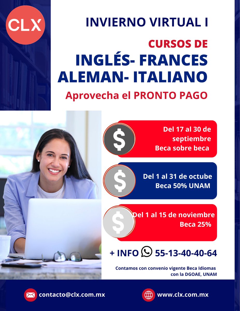 BecariosUNAM's tweet photo. Aprovecha la temporada de Invierno Virtual I en CLX ❄️

​Elige el idioma que siempre has querido aprender 
🗣️ Inglés | Francés | Alemán | Italiano 

​📲 Envía un WhatsApp al 5513404064 para recibir todos los detalles. https://t.co/bLgB4eusZk