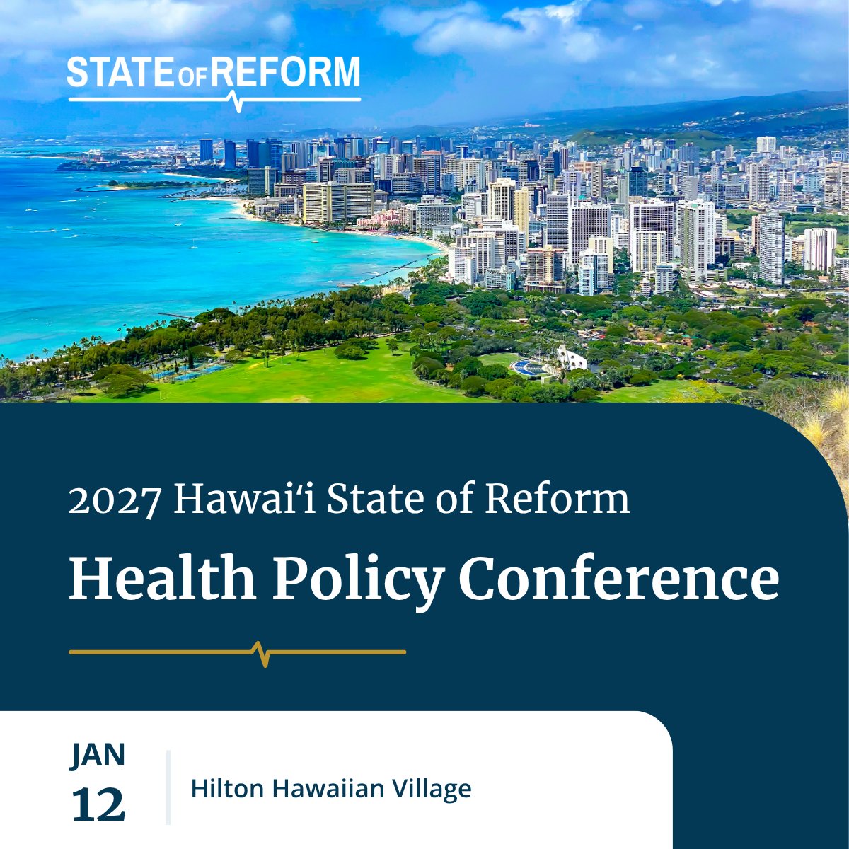 StateofReform's tweet photo. Aloha! 🌺 Mark your calendars for the 2027 Hawaiʻi State of Reform Conference on Jan. 12, 2027, at the Hilton Hawaiian Village.

Join practitioners and policymakers as we gather to discuss the future of Hawaiʻi’s healthcare, legislative trends, &amp; more: https://t.co/U7iaSxYmQP https://t.co/2suEpuJydT