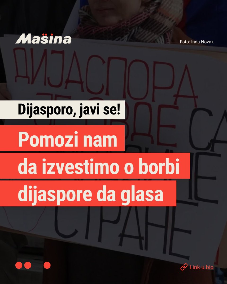 MasinaRS's tweet photo. Mašina prati sve vezano za izbore i redovno informišemo u javnom interesu. Želimo da izvestimo i o naporima i borbi dijaspore - pomozi nam da prenesemo sliku i informacije o tome!

Ako možeš da nam pošalješ neke snimke atmosfere pre samog izbornog dana, organizovanih odlazaka na glasanje i čekanje izbornih rezultata u inostranstvu - popuni ovaj formular kako bismo te kontaktirali.

Budi glas dijaspore:
https://t.co/BvfzHLrvR8