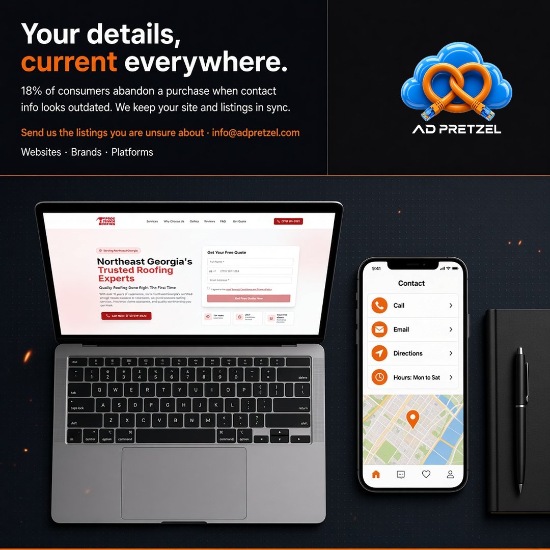 AdPretzel's tweet photo. 18% of consumers abandon a purchase when contact info looks outdated. We keep your website and business listings in sync, everywhere. Send us the listings you are unsure about: info@adpretzel.com #LocalSearch https://t.co/GgQzTC6ImQ