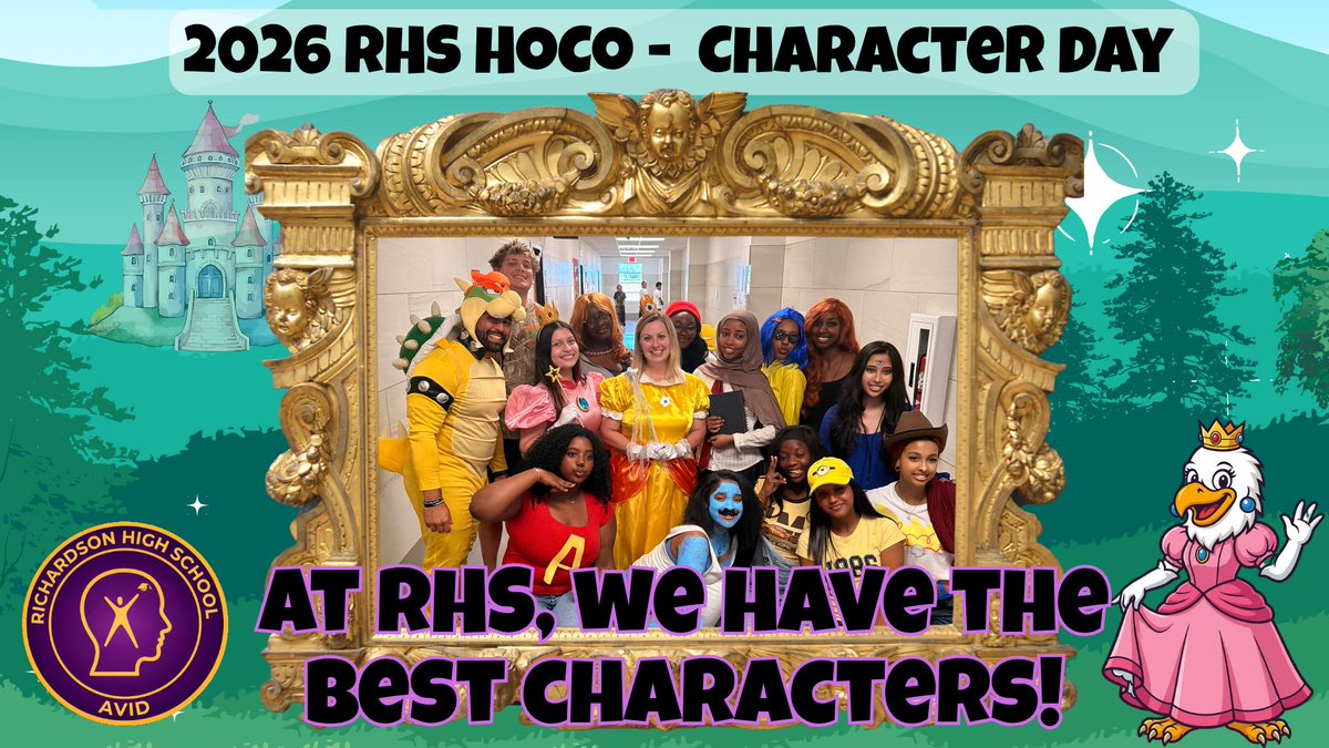 RichardsonHS1's tweet photo. 👯Some characters are just better together!
Our Eagles teamed up for Character Day, &amp; the group costumes did NOT disappoint. 🎭👏If you're going to show up in character, you might as well bring the whole cast! 😂 @RHSAVIDBrown 
#RHSHoCo26 #AlwaysAnEagle #RISDInsiders #RISDDreamOn https://t.co/C396kva6f1