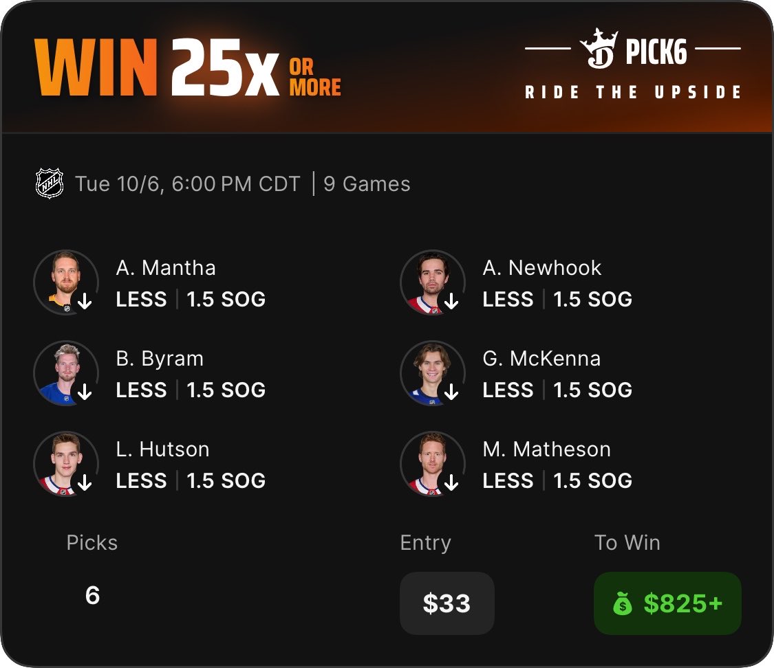 JoshBotBets's tweet photo. Pick6 NHL Lotto 🎰 anyone?

Check out my DraftKings Pick6 Entry! https://t.co/5A0cqVFfBA https://t.co/gA3N4s6zNi