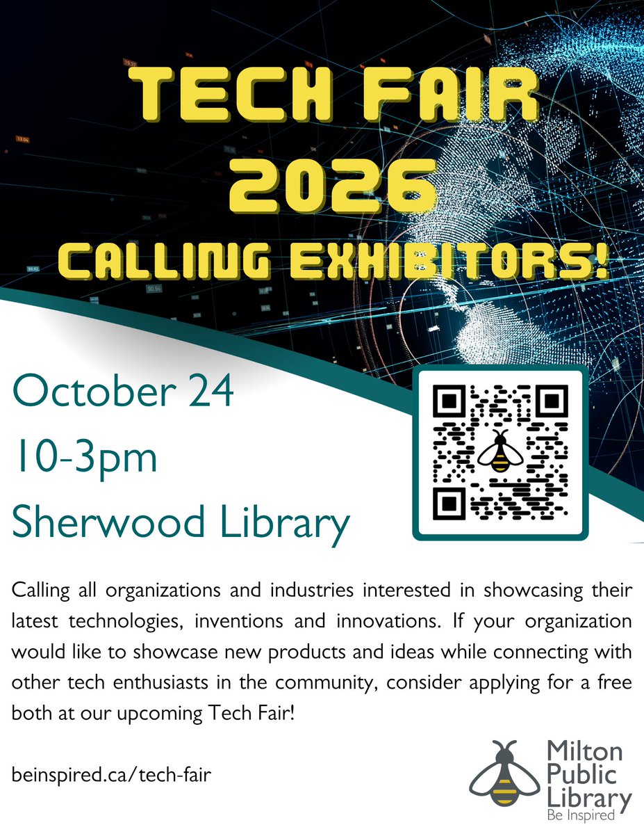 Milton_Library's tweet photo. 💡 TechFair Vendor Callout!

MPL is looking for tech-focused organizations, creators and innovators to join our third annual TechFair on Saturday, October 24 from 10:00 AM - 3:00 PM at Sherwood Branch!

Interested in participating? Complete our vendor booth application! #MPL https://t.co/xXTqVLMOW9
