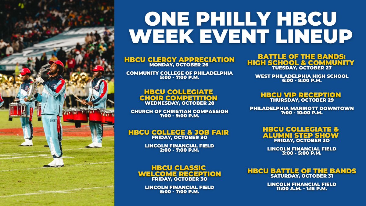 PhiladelphiaGov's tweet photo. 🎉 One Philly HBCU Week will feature events all week long from October 26-31, including Battle of Bands, college and job fairs, step competitions and more, so join us later this month! https://t.co/a73VNCVrLY
