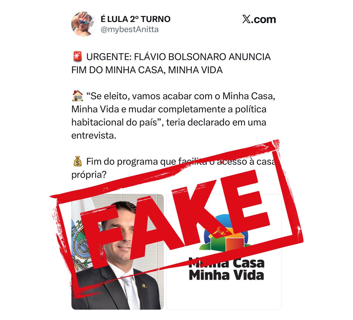 refutaesquerda's tweet photo. ‼️FAKE: É falsa a informação de que Flávio Bolsonaro pretende encerrar o programa Minha Casa, Minha Vida. https://t.co/rNbnPMJ1BN