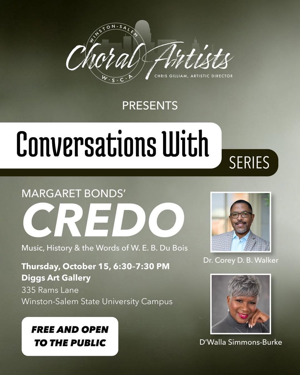 WakeDiv's tweet photo. Dean Corey D. B. Walker and Maestra D’Walla Simmons-Burke, Director of Choral and Vocal Studies at @WSSURAMS, will come together for “Conversations With: Margaret Bonds’ CREDO — Music, History &amp; the Words of W. E. B. Du Bois.”

🗓️: THURSDAY, 10/15
🔗: https://t.co/BcqOjoyzik https://t.co/gxp7bE9kAS