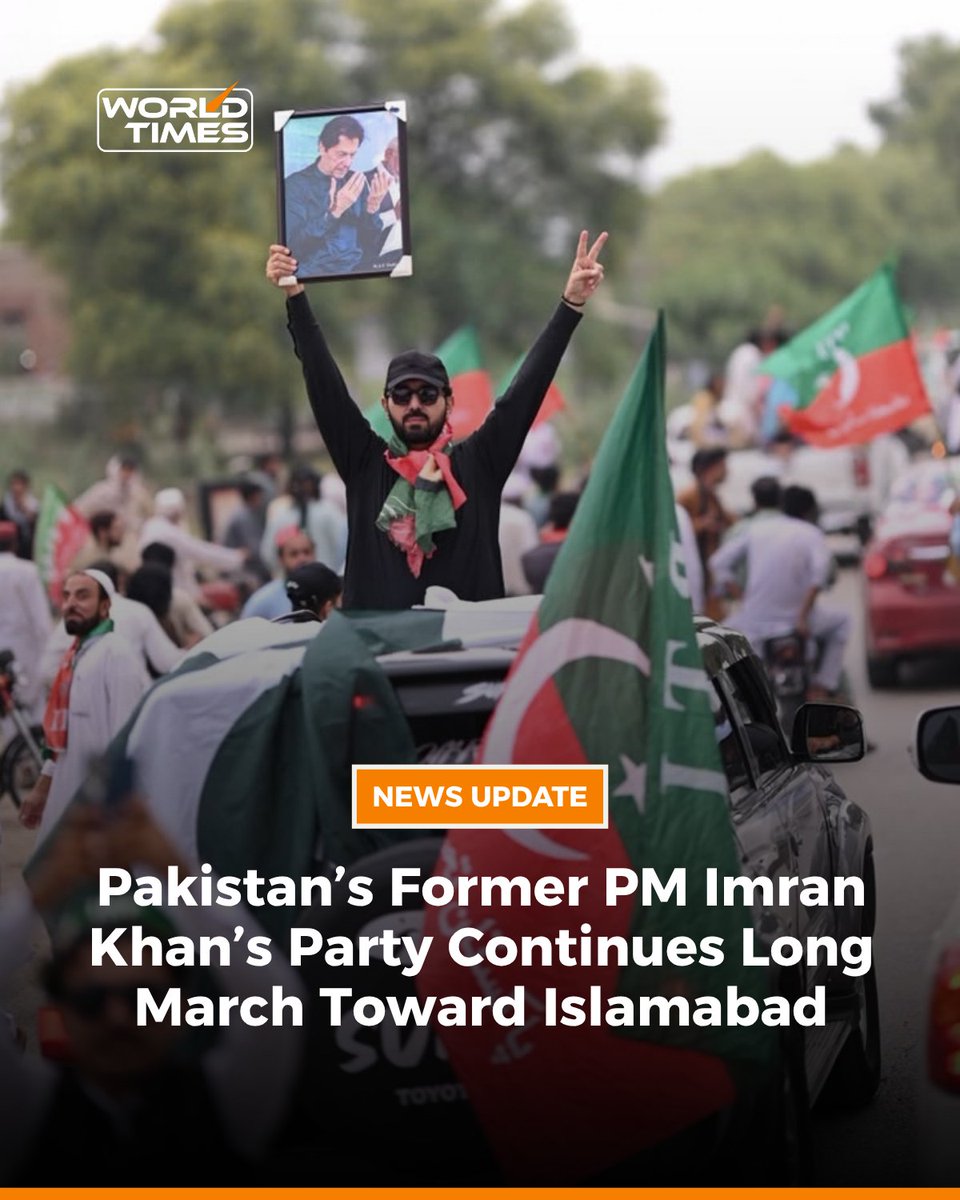 WorldTimesWT's tweet photo. Supporters of Pakistan’s former prime minister Imran Khan are continuing their long march toward Islamabad, with the PTI convoy led by Khyber Pakhtunkhwa Chief Minister Sohail Afridi moving through the Peshawar region.

The protesters are demanding Imran Khan’s release from prison. PTI plans to gather its convoys at Khairabad on October 8, where the party leadership is expected to announce the next phase of the march.

#ImranKhan #PTI #Islamabad #LongMarch