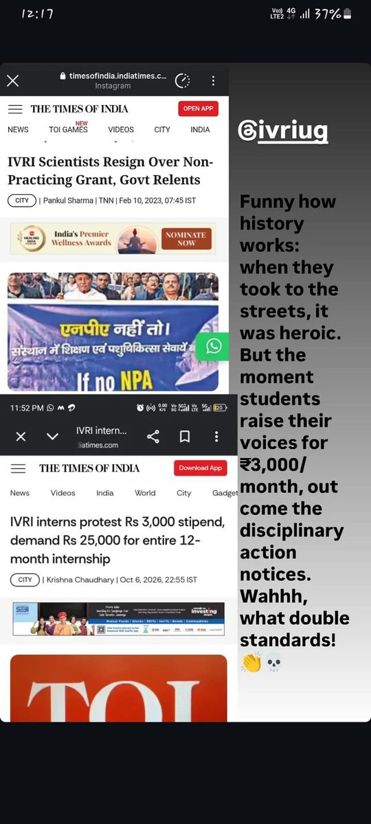 MuskanBharwwv's tweet photo. Yesterday’s protesters were heroes. Today’s protesting students get notices. Same institution, same right, different treatment. 

@icarindia @ivri_1889 @ChouhanShivraj @dare_goi @CimmytMl #IVRIINTERNSTIPEND https://t.co/rUGVosdkoe