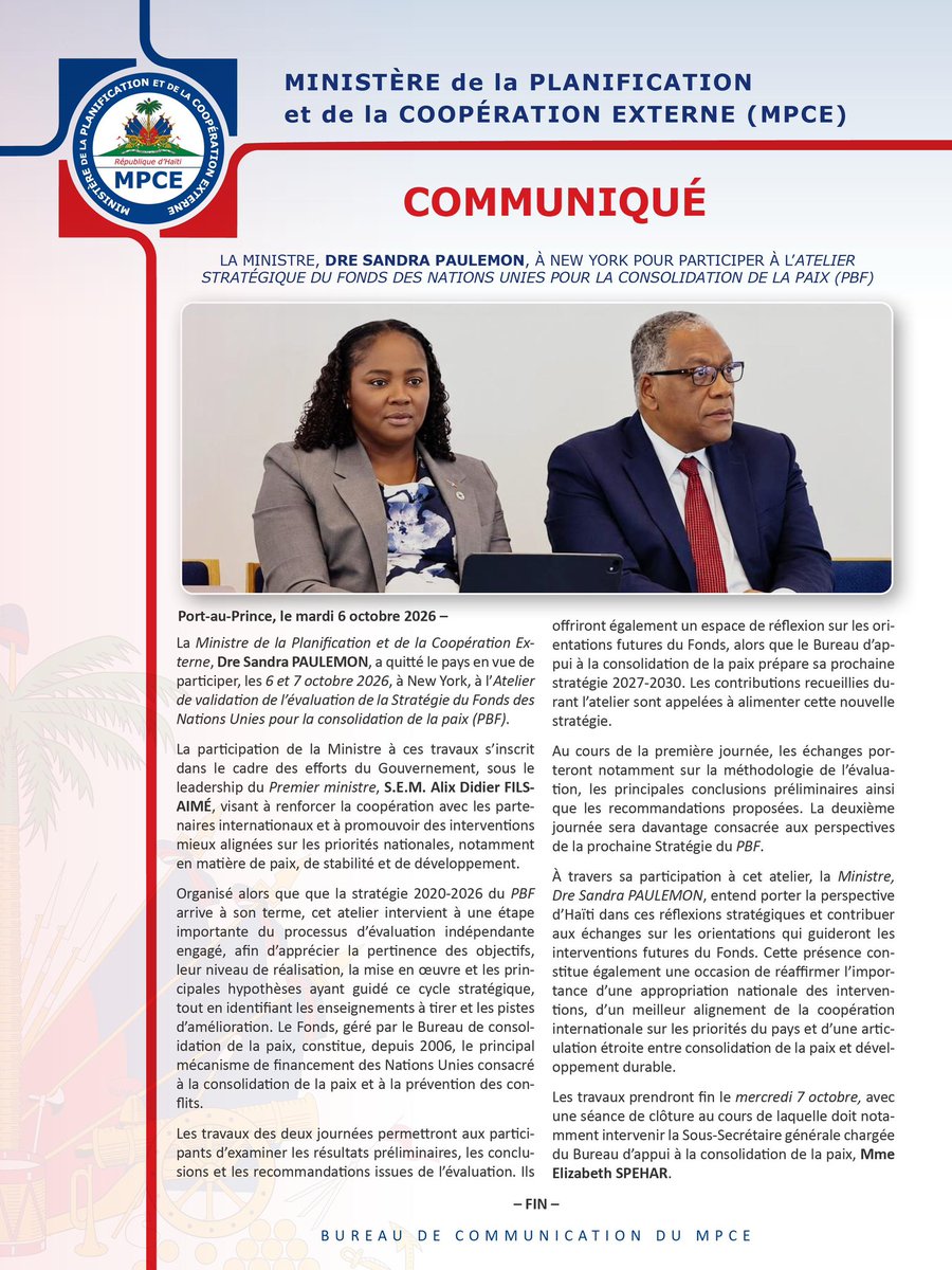 MPCEHa's tweet photo. La Ministre, Dre Sandra PAULEMON, à New York pour participer à l’atelier stratégique du Fonds des Nations Unies pour la consolidation de la paix (PBF) https://t.co/xrJjMqCFBn
