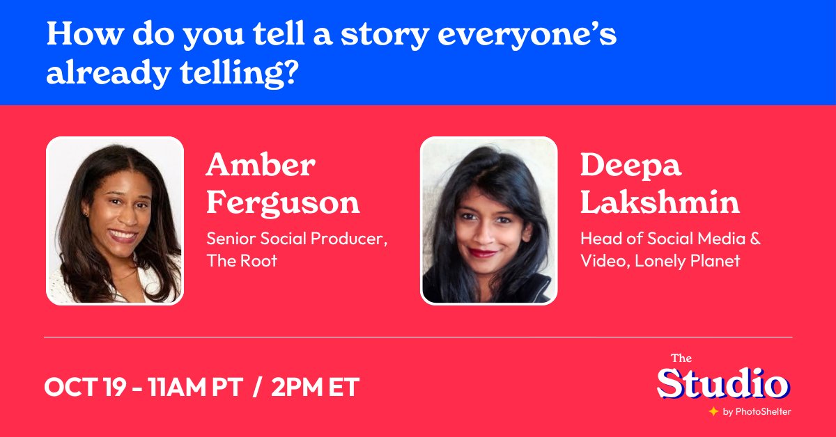 photoshelter's tweet photo. 📲 @Ms_AmberDawn from @TheRoot and @deepa from @lonelyplanet know how to turn the same old stories into scroll-stopping videos.

They're joining us for our next live chat, hosted exclusively for our Slack community, on October 19!

Register here: https://t.co/sGzVm7Fjv6 https://t.co/hEVF6H5Jaa