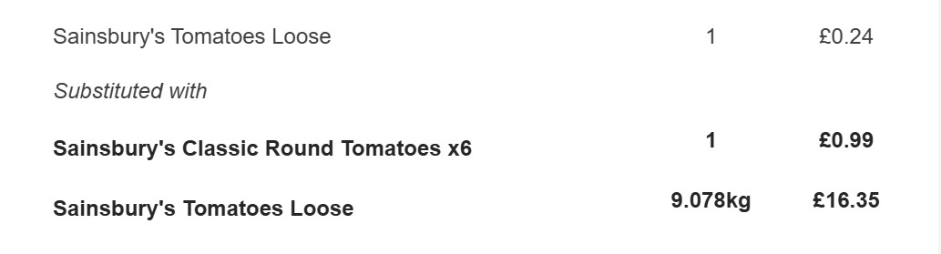 SalWitcher's tweet photo. In case you need a break from all the awfulness, here's one of @sainsburys most bonkers substitutions, delivered to me today😂. Equally bonkers was when I asked if I could just keep one tomato (as per order) I was told no. Either keep the lot or they all have to go back!🤦‍♀️😂 https://t.co/8yT36nmWa7
