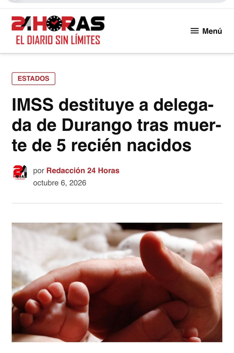ectorjaime's tweet photo. El IMSS destituyó a la delegada en Durango por la muerte de cinco recién nacidos.

Otra vez, fabrican un culpable para evadir responsabilidades.

Esto no es una negligencia aislada. Es consecuencia del desabasto, la falta de insumos y el deterioro provocado por quienes dirigen el Seguro Social.

Estas tragedias son consecuencia de un sistema de salud que ha sido debilitado y desmantelado.
