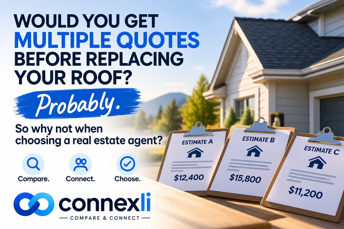 getConnexli's tweet photo. You’d probably get multiple quotes before replacing your roof.

So why not compare options when choosing a real estate agent?

Different agents can offer different fees, experience and approaches.

A little competition can be a very good thing. 🏡
#RealEstate https://t.co/MWnI3CsDUo