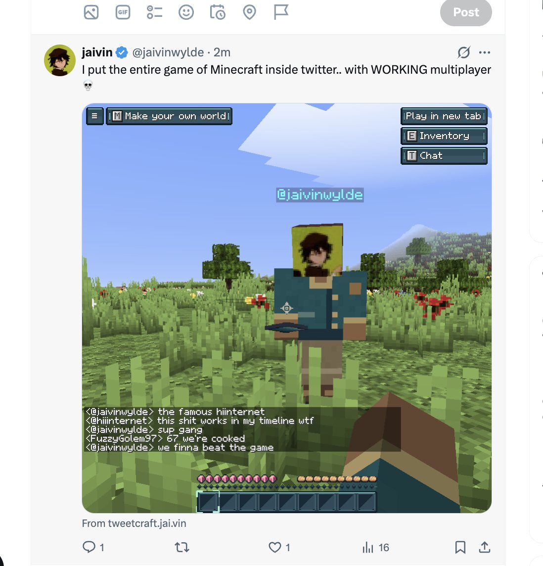 hiiinternet's tweet photo. playing minecraft inside the timeline??? https://t.co/tijyxcdKwV