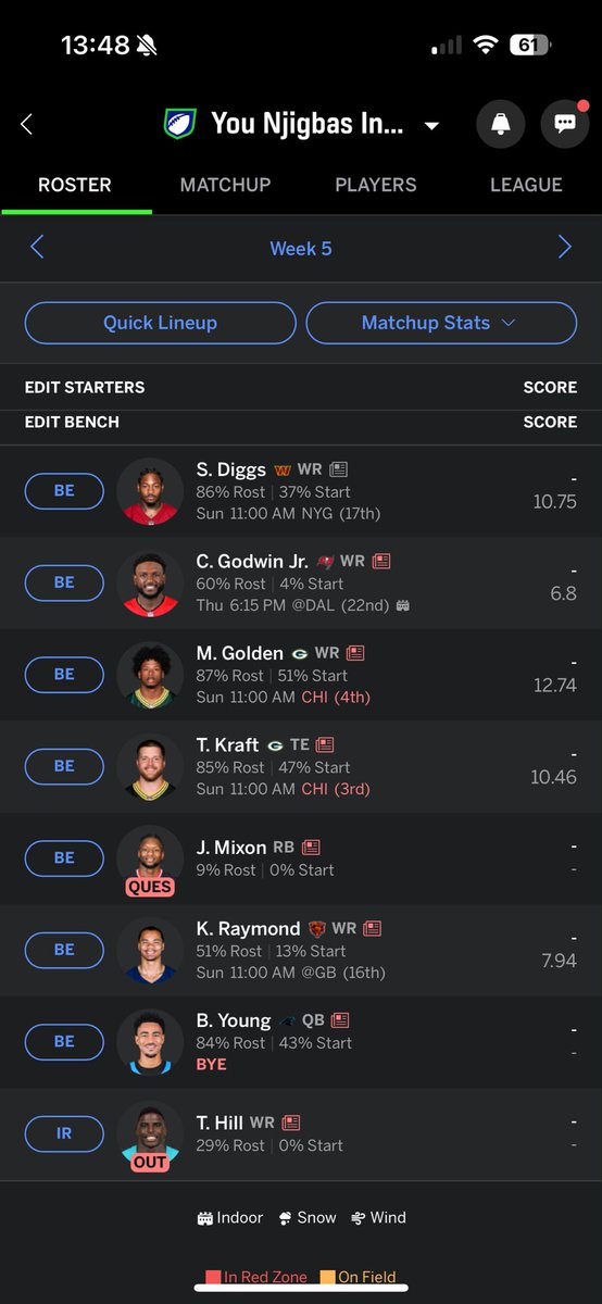 CJ2K444's tweet photo. @SleeperNFL Need a lot of help at RB. My receivers carrying me right now. https://t.co/NrLyS1dBie