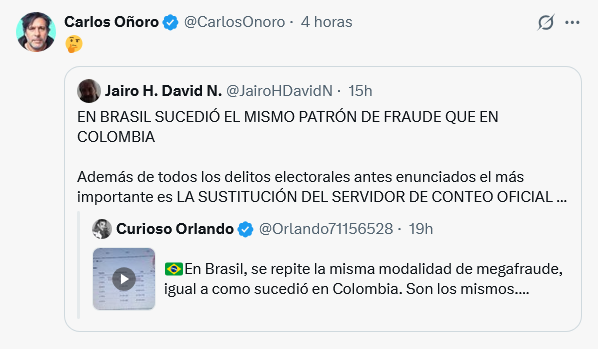 JairoHDavidN's tweet photo. ¡ATENCIÓN BRASIL! ¡BRASIL VOTÓ BIEN! ¡LULA GANÓ! ¡TODO ES UN MEGAFRAUDE!

El ing. de Metadata que descubrió el fraude en Colombia me reposteó esta mañana y está dispuesto a viajar a Brasil

El software israelí ya ha intervenido las elecciones en 32 países. ¡Hay que detenerlos ya! https://t.co/1IJyAgPi4V