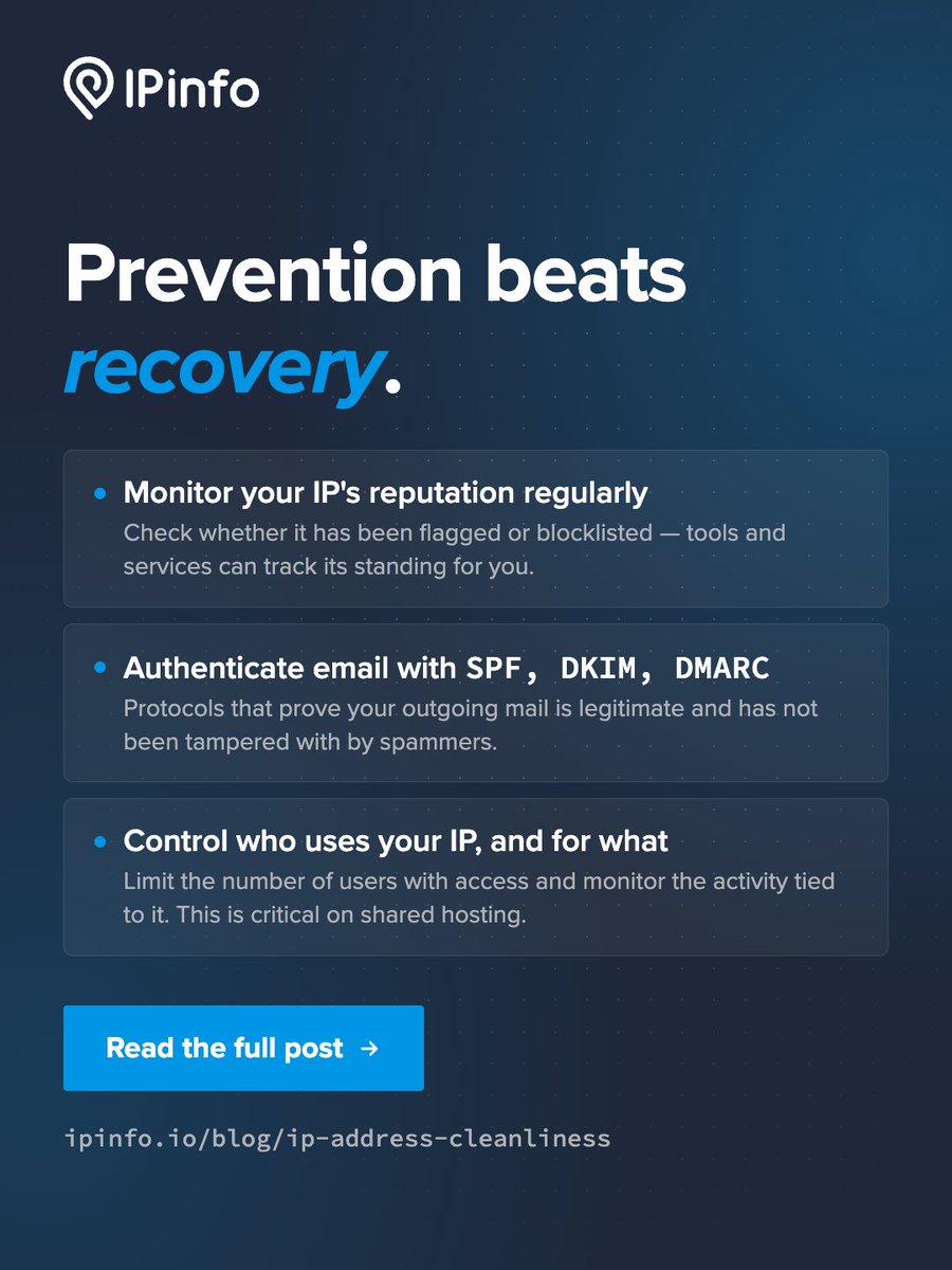 ipinfo's tweet photo. Your IP address has a reputation. And once that reputation starts affecting how other systems treat your IP, recovery can take time and effort.

Keeping your IP clean starts with knowing what puts its reputation at risk.

https://t.co/70dBe1DElP 

#IPAddress #Cybersecurity #IPReputation