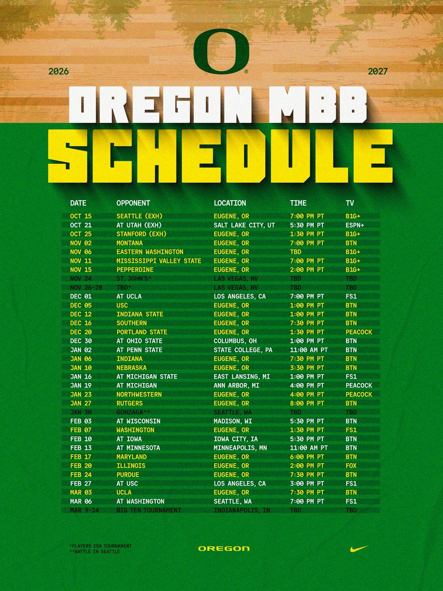 OregonMBB's tweet photo. Times. Dates. Networks. 

The 2026-27 schedule is officially set. #GoDucks https://t.co/fOUqNjLPRM