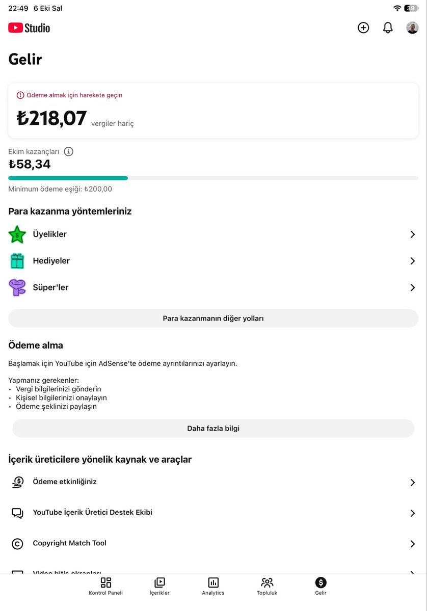 ReisRecep's tweet photo. @TeamYouTube Thanks! The PIN was issued Aug 12 (8 weeks ago) but there's no "Resend PIN" option in AdSense, only "Identity verification: Completed". Also, my Studio balance (mostly channel memberships) passed ₺200 in Sept but nothing was posted to AdSense. Can you check? https://t.co/e0V5lmJny5