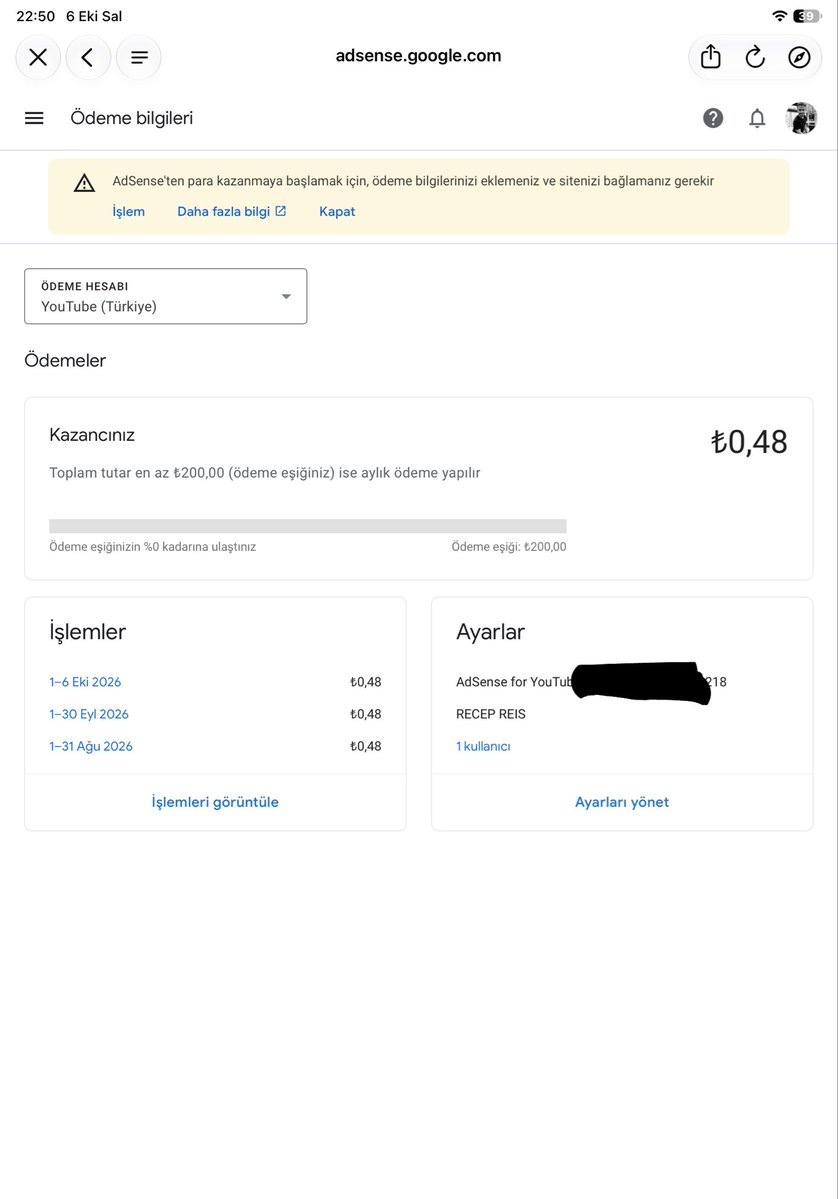 ReisRecep's tweet photo. @TeamYouTube Thanks! The PIN was issued Aug 12 (8 weeks ago) but there's no "Resend PIN" option in AdSense, only "Identity verification: Completed". Also, my Studio balance (mostly channel memberships) passed ₺200 in Sept but nothing was posted to AdSense. Can you check? https://t.co/e0V5lmJny5