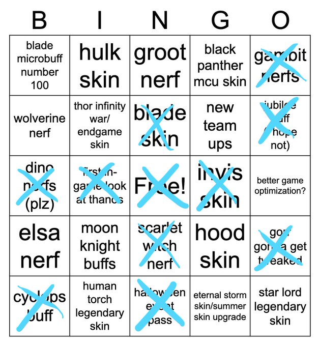 A Marvel-themed BINGO card with squares featuring requests like 'hulk skin', 'groot nerf', 'blade skin', 'elsa nerf', and 'hood skin', with several squares marked off with blue X's and one 'Free!' square.