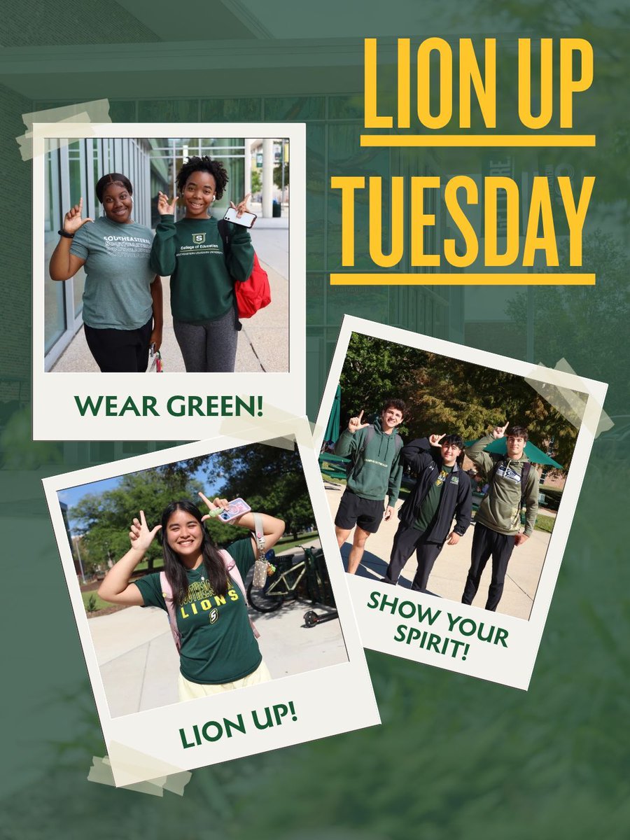 oursoutheastern's tweet photo. On Tuesdays, we wear green! 💚
Lion Up Tuesday is a weekly Southeastern tradition where students, faculty, staff, alumni, and our community wear green to show their Lion Pride.

With Homecoming right around the corner, it’s the perfect time to break out your green! 

#LionUpTuesday #LionUp #OurSoutheastern