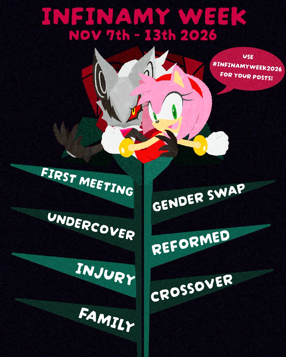 PepperAcity's tweet photo. INFINAMY WEEK 2026! Draw #InfiniteTheJackal and #AmyRose with these prompts! All art counts! Even fics :D
Please add: #InfinamyWeek2026 to anything you make! Hosted on Forces Anniversary Week 🥳
Hosted along with @starquillix✨️
🌹🩸
#sonicthehedgehog #sonicforces https://t.co/HK3oBRiY3d